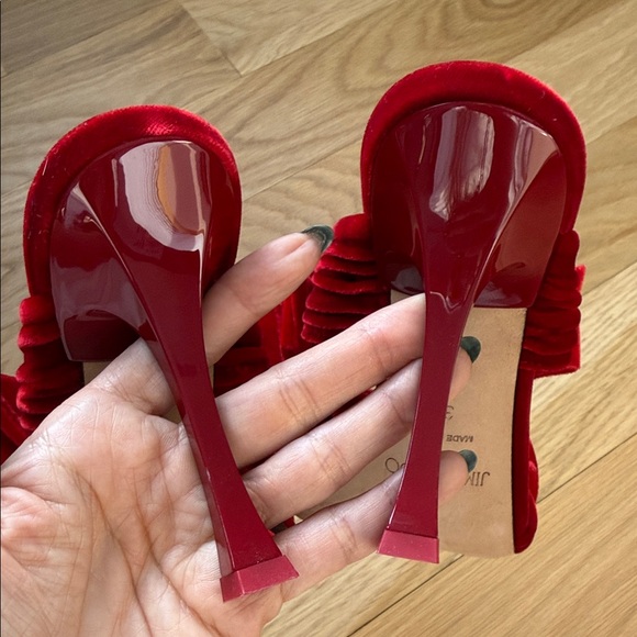 Jimmy Choo 100 mm Flaca Scarlet Velvet Bow Heels - Picture 13 of 14